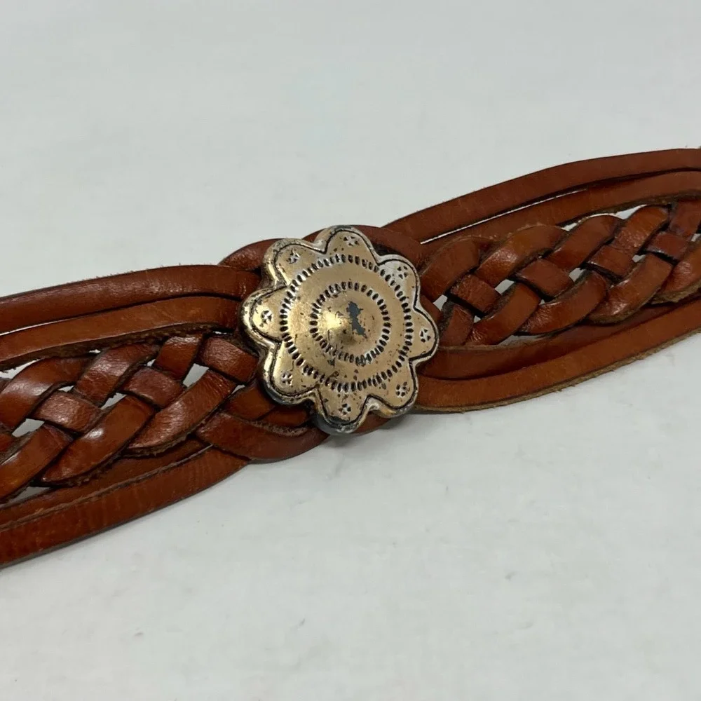 Vtg Fossil Belt Womens Size M Brown Leather Conch Western Rustic Rodeo - Picture 2 of 7